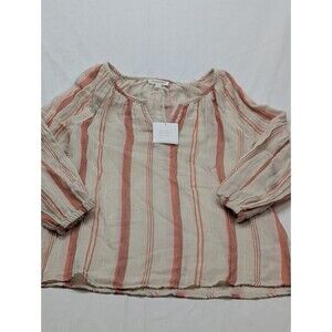 Beach Lunch Lounge Cottagecore  Coral & Ivory 3/4 Length Sleeves Peasant Blouse